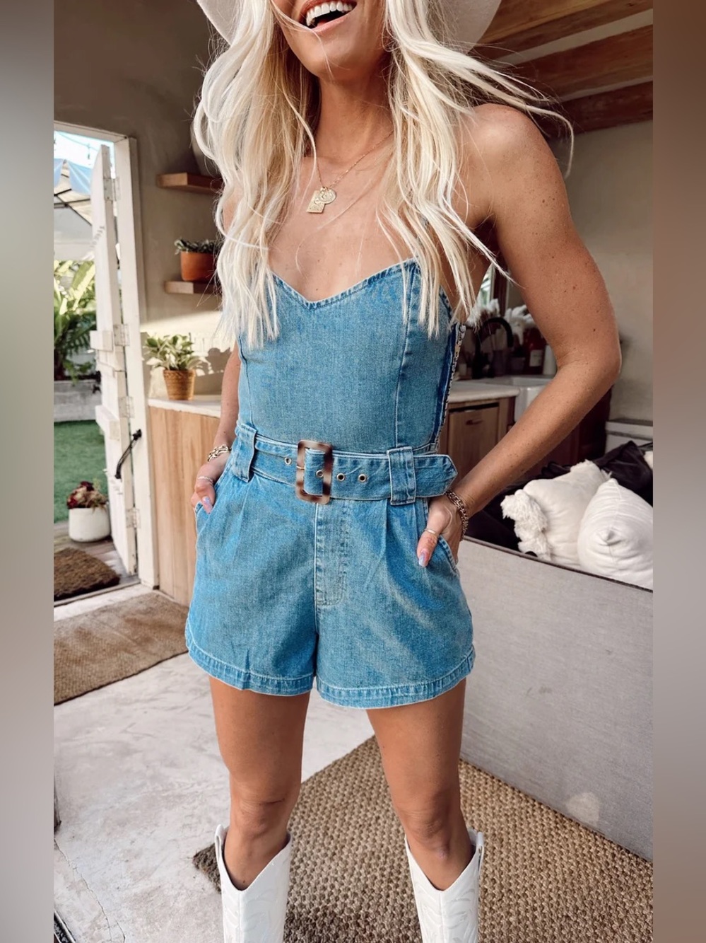 Show Me Your Mumu Sloane Romper Dusk Blue Denim Belted Western S Cowgirl Rodeo